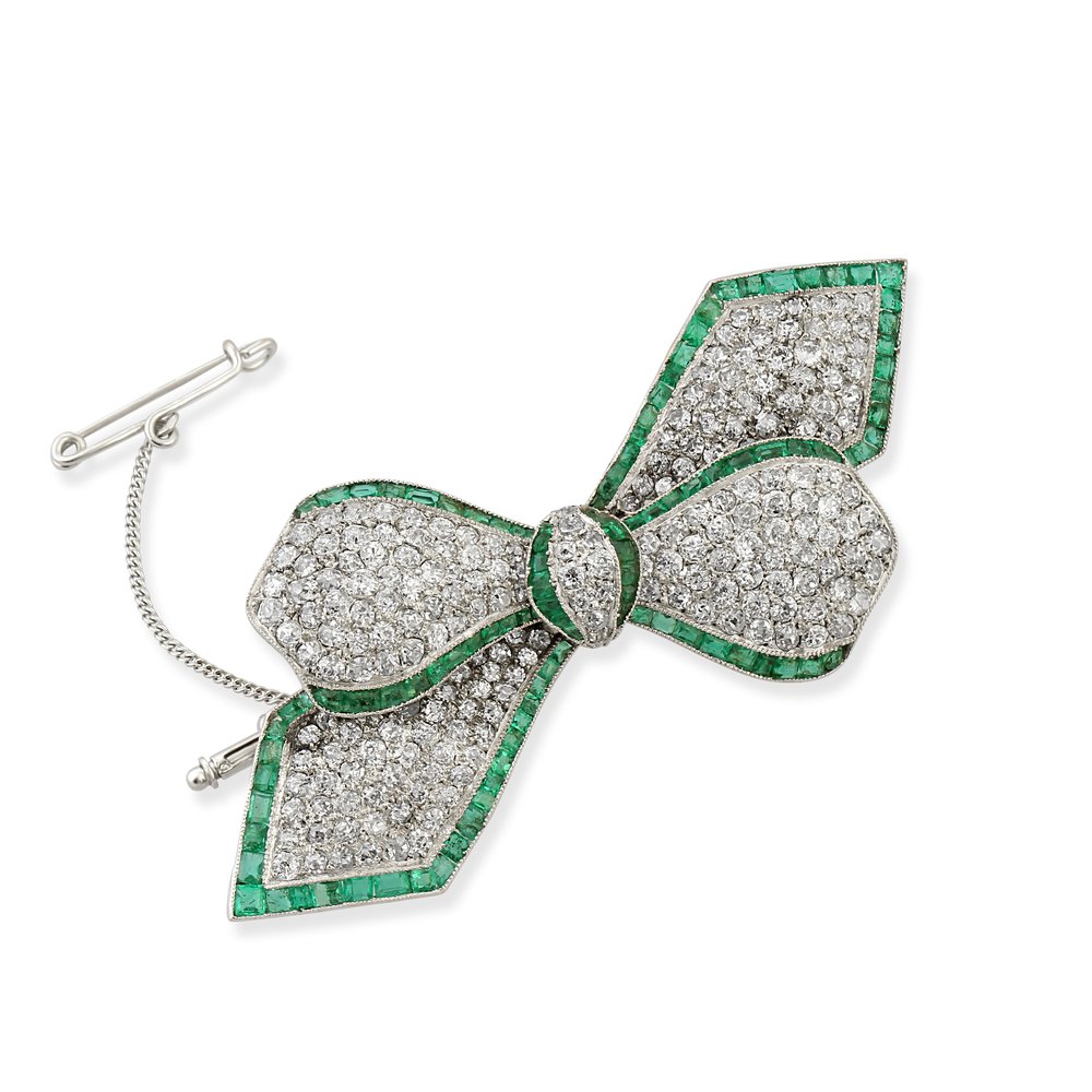 White Gold, Emerald & Diamond Bow Brooch — Morelle Davidson